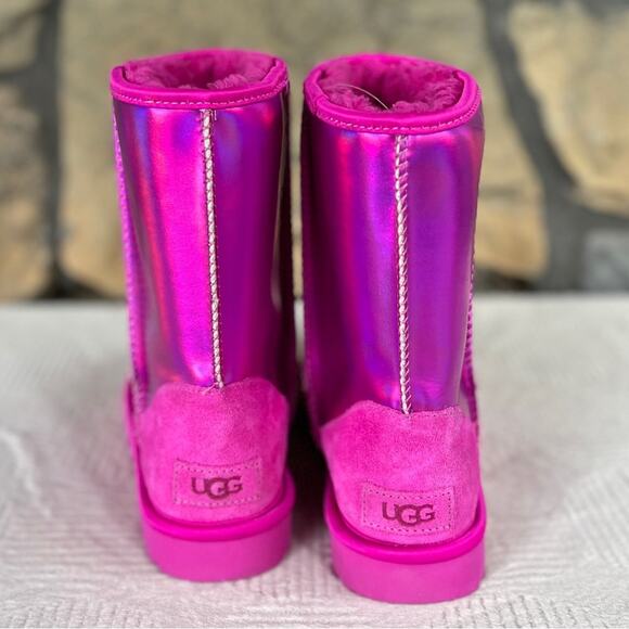NEW Womens Size 6 UGG Iridescent Pink Classic Short Leather Suede Metallic Boot - Picture 3 of 11